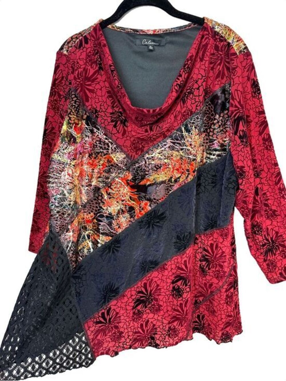 Caleaas XL Mixed Media Patchwork Tunic Velvet Burnout Metallic Lace Fairy Grunge